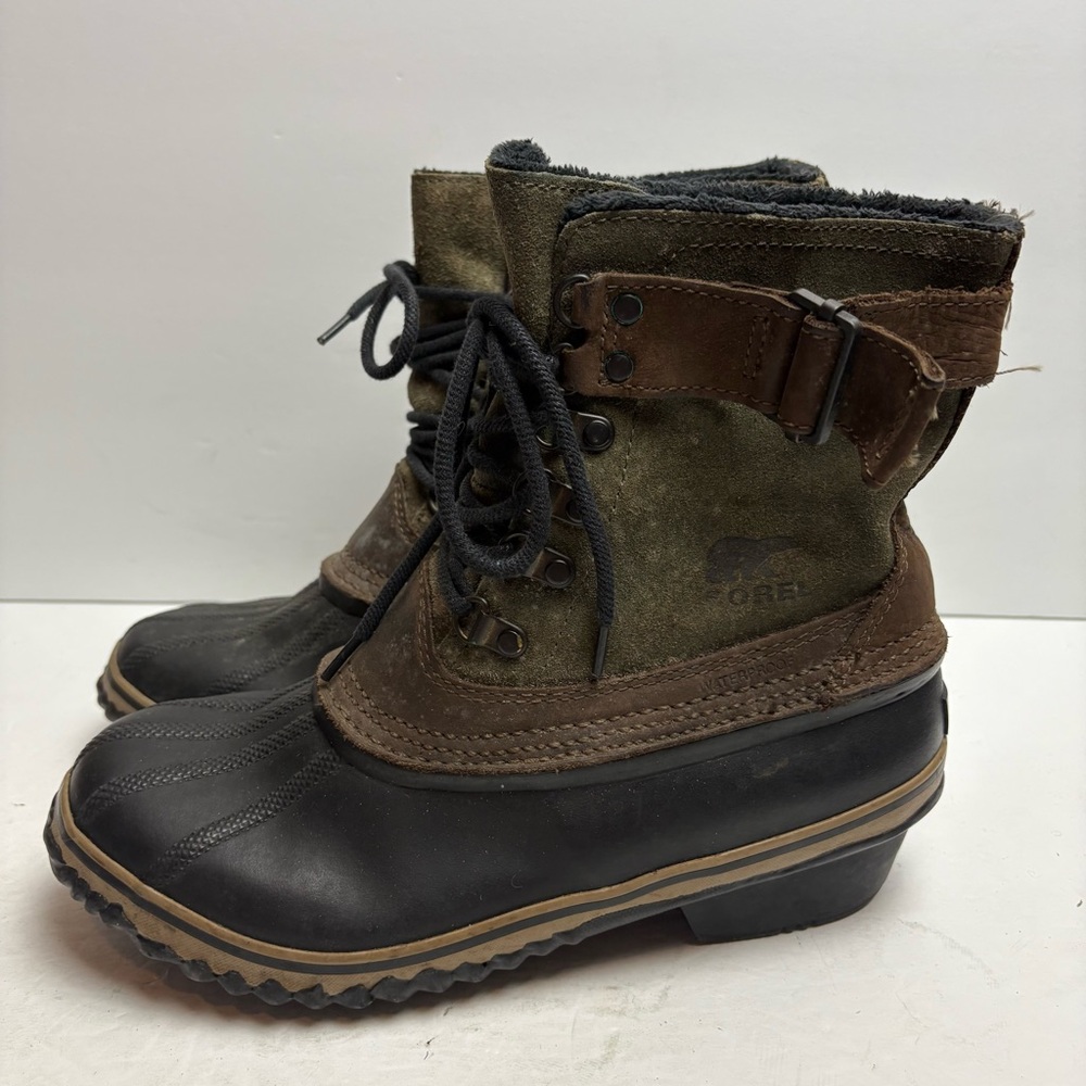 Sorel Black and Green Waterproof Boots Snow Duck Rubber Lace-up size 8.5